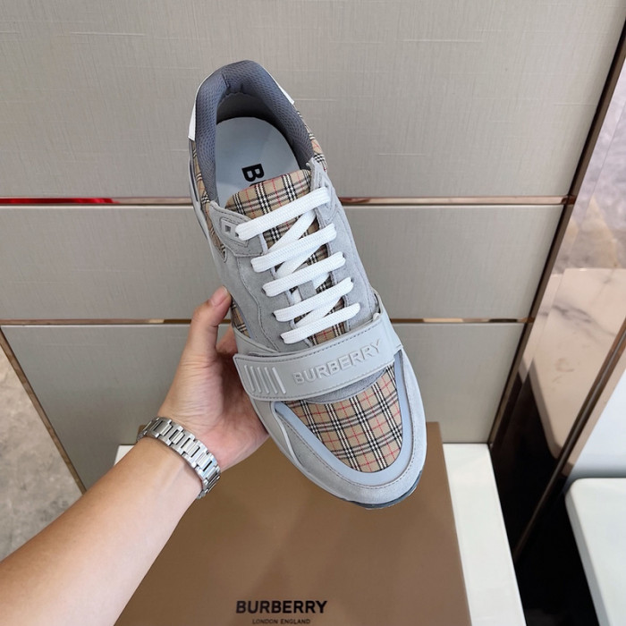 B**rry vintage check, leather and mesh sneakers